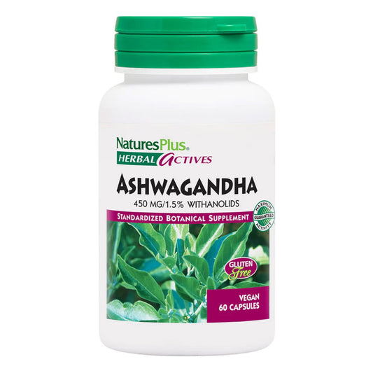 NaturesPlus Herbal Actives Ashwagandha 450 mg - 60 Vegetarian Capsules - Prescription Quality - Gluten Free - 60 Servings
