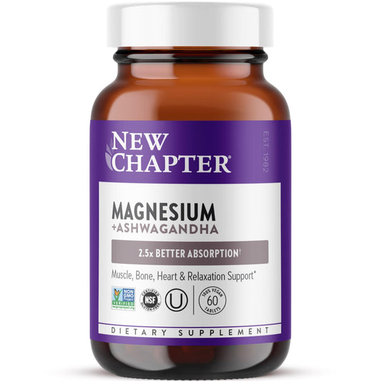 New Chapter Magnesium + Ashwagandha Supplement, 325 mg with Magnesium Glycinate, 2.5x Absorption, Muscle Recovery, Heart & Bone Health, Calm & Relaxation, Gluten Free, Non-GMO - 60 ct (2 Month Supply)
