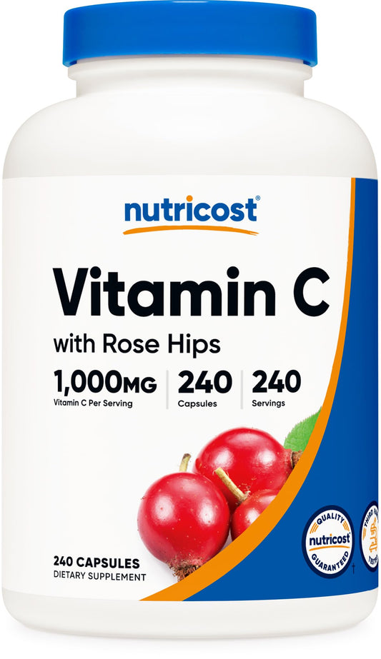 Pre-Order | Arrives in 5–10 Days – Nutricost Vitamin C with Rose HIPS 1025mg, 240 Capsules - Vitamin C 1,000mg, Rose HIPS 25mg, Premium, Non-GMO, Gluten Free Supplement