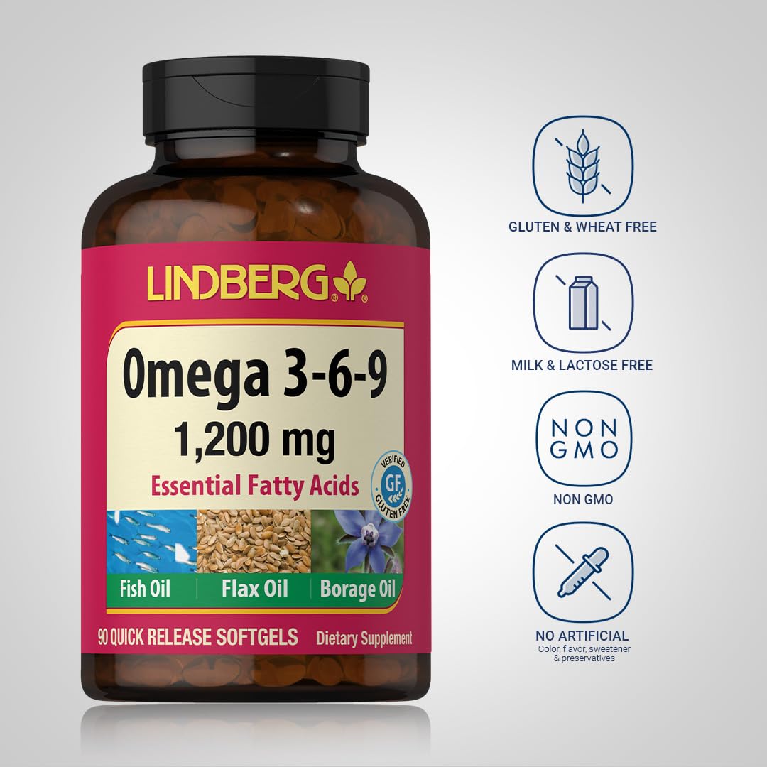 Lindberg Omega 3 6 9 Supplements | 1200mg | 90 Softgels | Essential Fatty Acids | with Fish, Flax, and Borage Oil | Non-GMO, Gluten Free