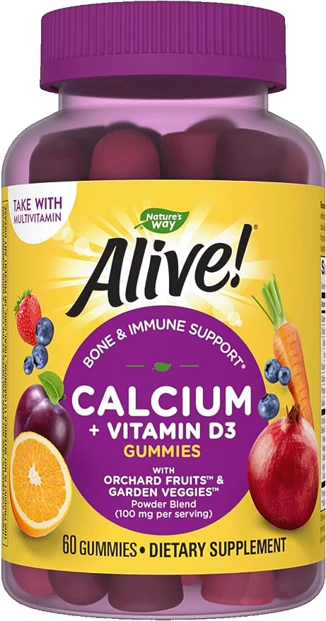 Nature's Way Alive! Premium Calcium + D3 Gummies, Supports Healthy Bones & Muscles*, Strawberry and Raspberry Lemonade Flavored, 60 Gummies
