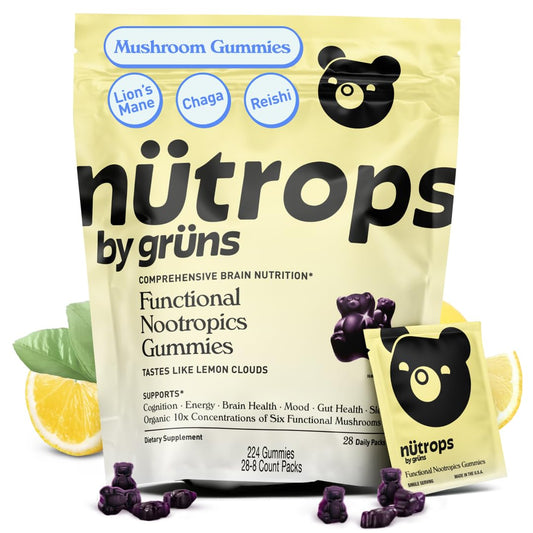 Nutrops Lions Mane Mushroom Gummies for Adults, Functional Nootropics, Herbal Brain Supplement for Energy, Brain Health, Cognitive, Memory & Focus, Reishi, Chaga, Cordyceps, Coriolus, 28 Daily Packs