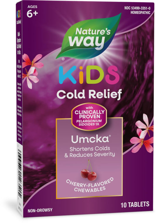 Nature's Way Cold Relief for Kids 6+, Umcka, Shortens Duration & Reduces Severity, Multi-Symptom Cold Relief, Homeopathic, Phenylephrine Free, Cherry Flavored, 10 Chewable Tablets
