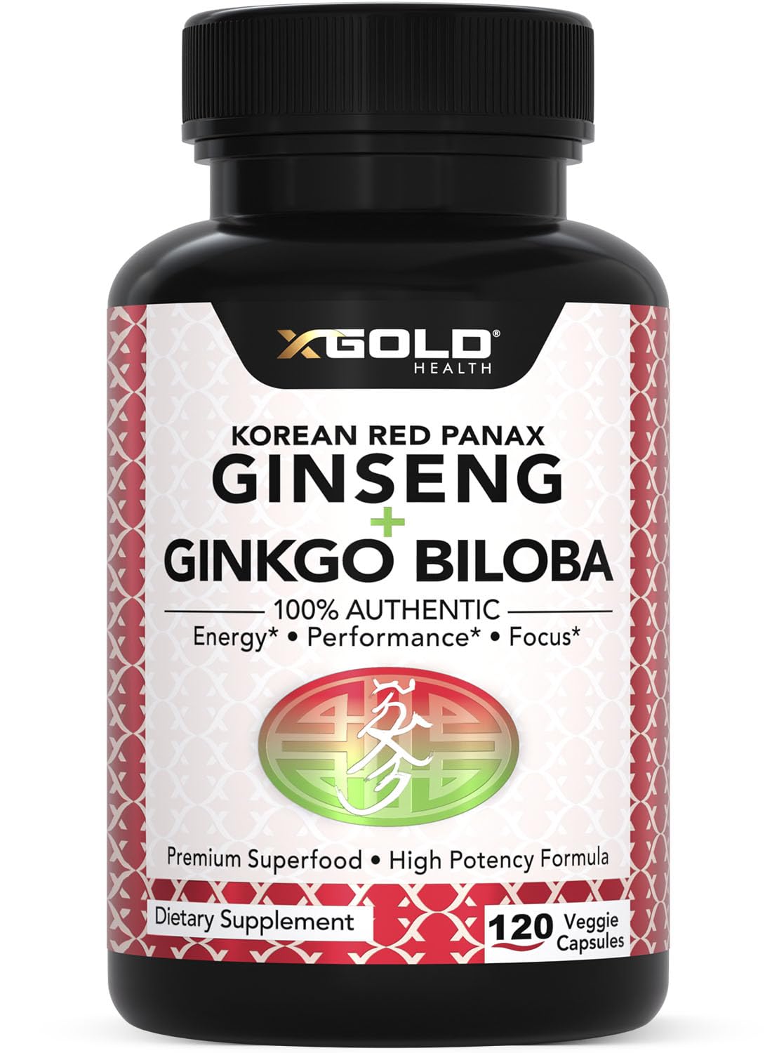 Korean Red Panax Ginseng 1200mg + Ginkgo Biloba -120 Vegan Capsules - High Ginsenosides Extra Strength Root Extract Powder Supplement for Energy, Performance & Focus Pills for Men & Women
