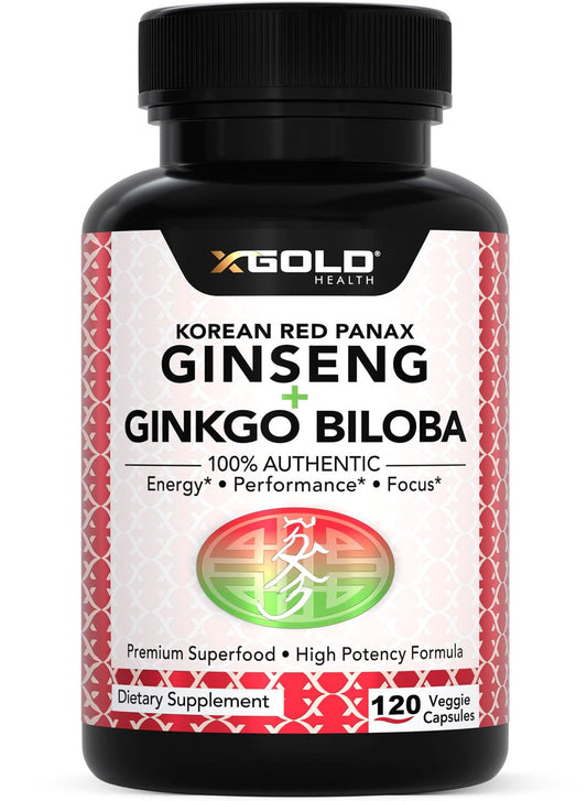 Korean Red Panax Ginseng 1200mg + Ginkgo Biloba -120 Vegan Capsules - High Ginsenosides Extra Strength Root Extract Powder Supplement for Energy, Performance & Focus Pills for Men & Women
