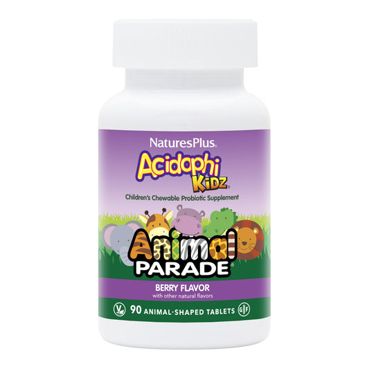 Natures Plus Animal Parade AcidophiKidz, Berry Flavor - 90 Chewable, Animal-Shaped Tablets - with Probiotics, FOS & Grape Seed - 90 Total Servings