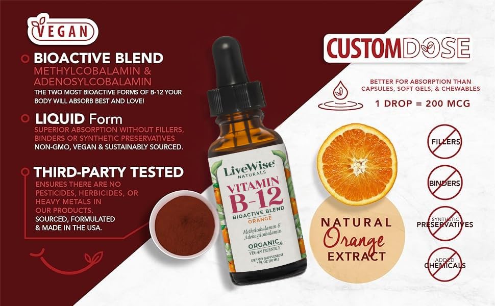 Liquid B12 Vitamin Sublingual – All-Natural Liquid Vitamin Vegan B12 Drops – Non-GMO Adenosylcobalamin Methylcobalamin B12 Supplement – Boost Your Immune System, Metabolism, Energy and Focus!