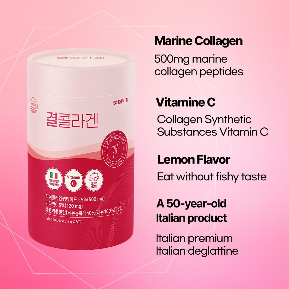 Kyung Nam Pharm LEMONA Official Kyul Collagen, Korean Collagen Peptides for Mothers Day Women 60 Stick(2g) with Vitamin C for Hair, Nail, Skin, Bone & Joint Health Low Molecular (500 mg, Lemon)