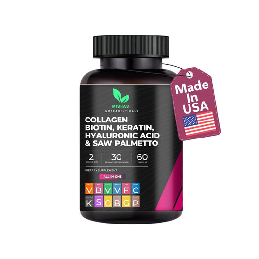 Mishas Nutraceuticals Multi Collagen Pills, Biotin, Keratin & Hyaluronic Acid, Hair Growth, Skin, Nails & DHT Blocking, Saw Palmetto, Vitamin E, Folic Acid, Pumpkin Seed, MSM - 60 Vegan Capsules