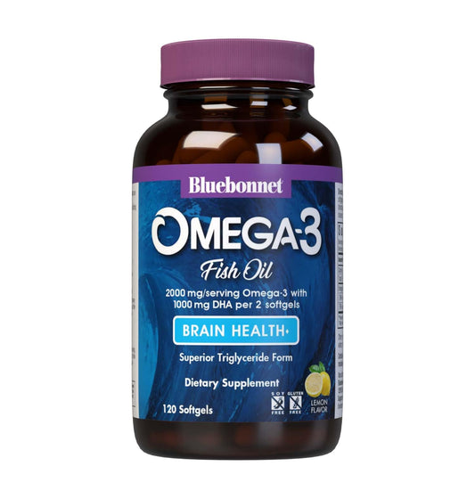 BlueBonnet Nutrition Omega-3 Brain Formula Natural Wild Caught Triglyceride Form DHA 1000 mg EPA 210 mg, Highly Concentrated Cognitive Health & Wellness Support Supplement, Gluten-Free Softgel, Yellow/Clear, Lemon, 120 Count