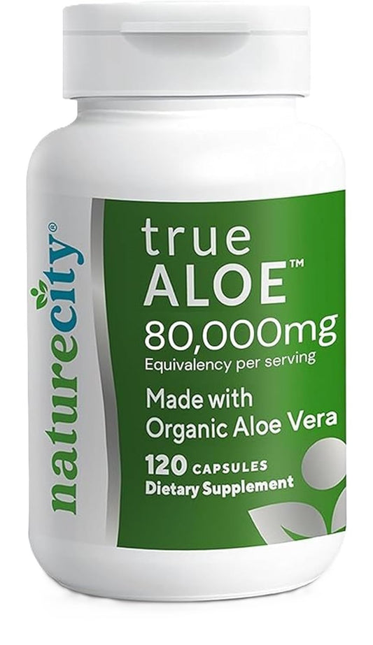NatureCity True-Aloe Gut Health Support – 80,000mg Aloe Vera Gel Equivalent Per Serving – Organic Aloe Vera (120 Capsules) for Digestive, Skin & Joint Support | Small Easy-to-Swallow Pills