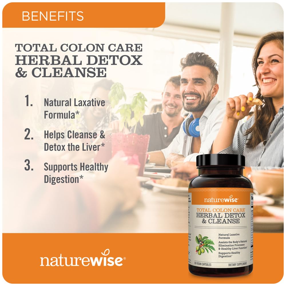 Naturewise Total Colon Care Herbal Cleanse - With Prebiotics, Botanicals, & Antioxidants - for Regular Bowel Movement, Digestion, Gut Health - Vegan, Gluten-Free, Non-GMO - 60 Capsules[2-Month Supply]