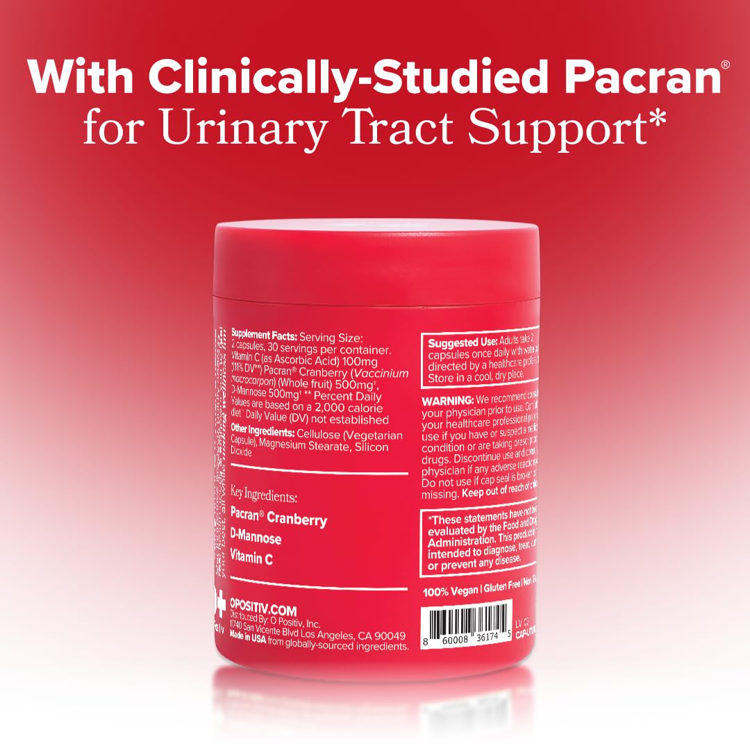 O Positiv URO Urinary Tract Health Supplement for Women, 60 Count (Pack of 1) - Urinary Support Vitamins with Pacran Complete Cranberry Extract, D-Mannose, & Vitamin C - Vegan & Gluten-Free