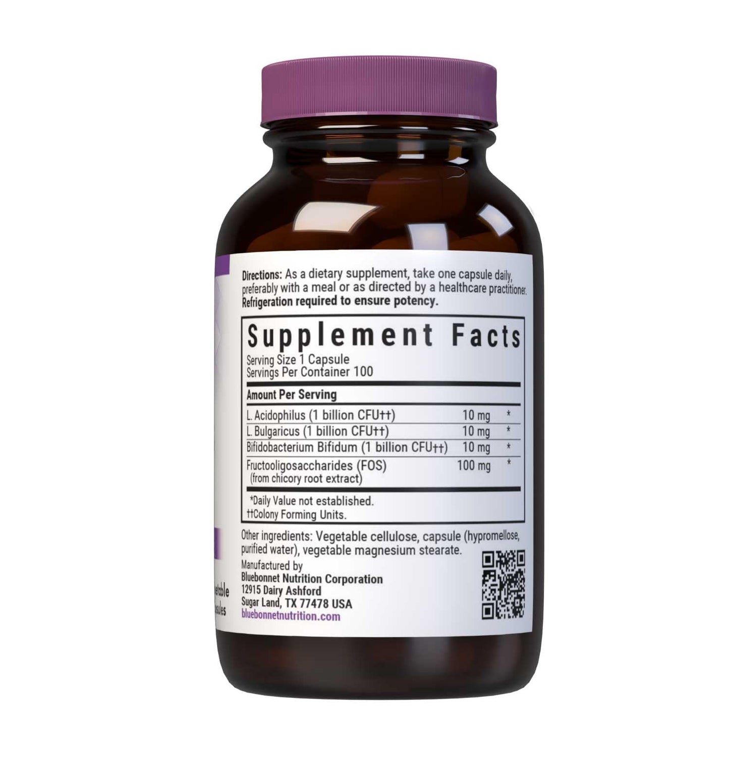 BlueBonnet Probiotic Acidophilus Plus FOS Vegetarian Capsules, 100 Count Refrigeration Required between 36° F and 46° F.