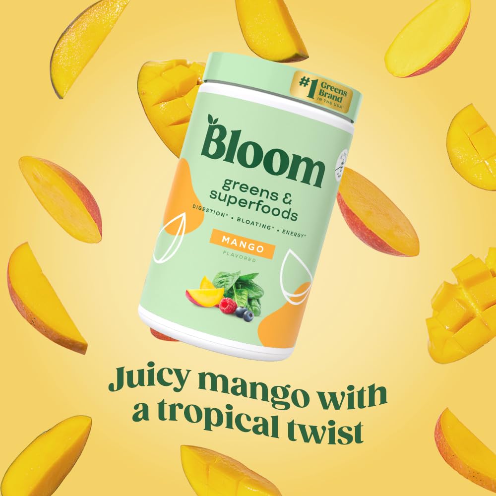 Pre-Order | Arrives in 5–10 Days – 
Bloom Nutrition Superfood Greens Powder, Digestive Enzymes with Probiotics and Prebiotics, Gut Health, Bloating Relief for Women, Chlorella, Green Juice Mix with Beet Root Powder, 25 SVG, Mango