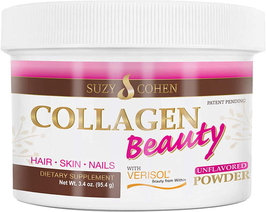 Pre-Order | Arrives in 5–10 Days – Collagen Beauty Powder™ By Suzy Cohen (3.3 oz) Anti Aging Hydrolyzed Protein Collagen Powder Type I and III for Supple Skin, Shiny Hair & Strong Nails- Unflavored Powder Drink with Verisol- Made in US