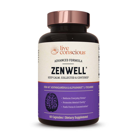 Live Conscious KSM-66 Ashwagandha Supplement w/L Theanine & AlphaWave - ZenWell Everyday Stress Relief, Cognitive, Brain Health - Ashwagandha for Men & Women - 60 Capsules