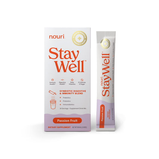 Pre-Order | Arrives in 5–10 Days – Daily Nouri StayWell Passion Fruit Synbiotic Digestive + Immunity Blend, Prebiotics and Probiotics, Powder Stick Pack for Digestive and Immune Health, 0 Calories, 0 Sugar - 14-Count (Passion Fruit)