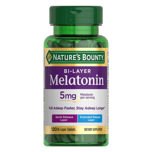 Nature's Bounty Melatonin 5mg, 100% Drug Free Sleep Supplements, Quick Release and Extended Release, Promotes Relaxation and Sleep Health, 120 Bi-Layer Tablets