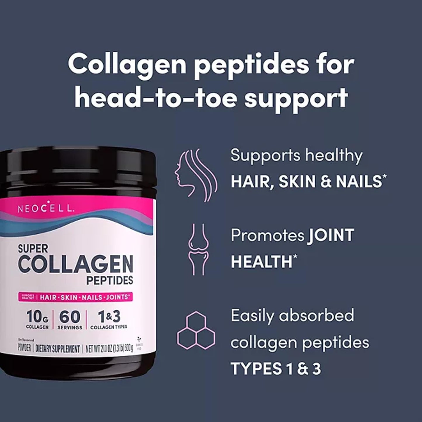 NCell Super Collagen Peptides, Unflavored Powder, Collagen Type 1 & 3 (21.2 oz.) (1.3Lbs)