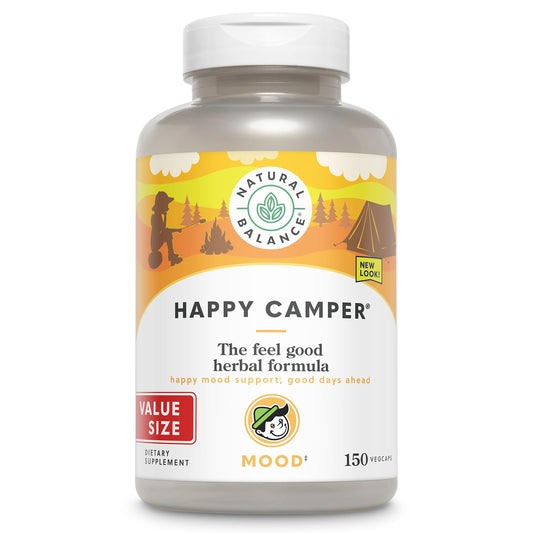 Natural Balance Happy Camper - Feel-Good Mood Support Supplement - Gotu Kola, Passion Flower, and Kava Kava Capsules - 60-Day Guarantee - 75 Servings, 150 VegCaps