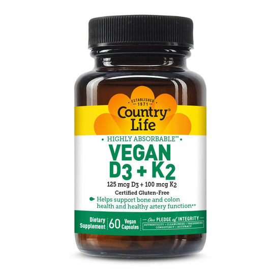 Pre-Order | Arrives in 5–10 Days – Country Life Vegan D3 + K2 – 5000 IU Vitamin D3 & 100 mcg MK-4 & MK-7 | Supports Bone, Immune, Colon & Artery Health | Certified Vegan, Gluten-Free, B-Corp, 60 Capsules