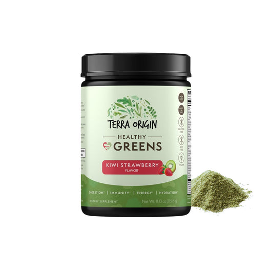 TERRA ORIGIN Healthy Greens Powder Blend | Superfoods, Probiotics, Enzymes, Spirulina | for Immune & Digestive Gut Health Support | Energy & Wellness Boost | 30 Servings (Kiwi Strawberry)