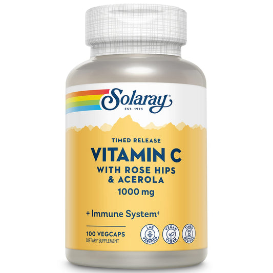 Pre-Order | Arrives in 5–10 Days – SOLARAY Vitamin C 1000mg - Time Release Vitamin C Capsules w/Rose HIPS and Acerola for Bioflavonoid Support - Two-Stage, All-Day Immune Support - Vegan, 60 Day Guarantee, 100 Servings, 100 VegCaps