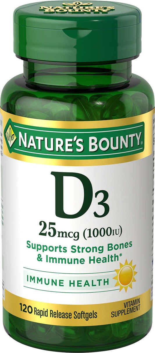 Nature's Bounty, Vitamin D3 Vitamin Supplement, Supports Immune System and Bone Health, 1000IU, 120 Softgels (Pack of 3)