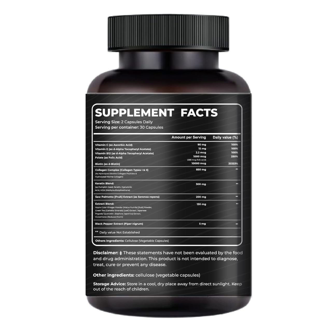 Mishas Nutraceuticals Multi Collagen Pills, Biotin, Keratin & Hyaluronic Acid, Hair Growth, Skin, Nails & DHT Blocking, Saw Palmetto, Vitamin E, Folic Acid, Pumpkin Seed, MSM - 60 Vegan Capsules