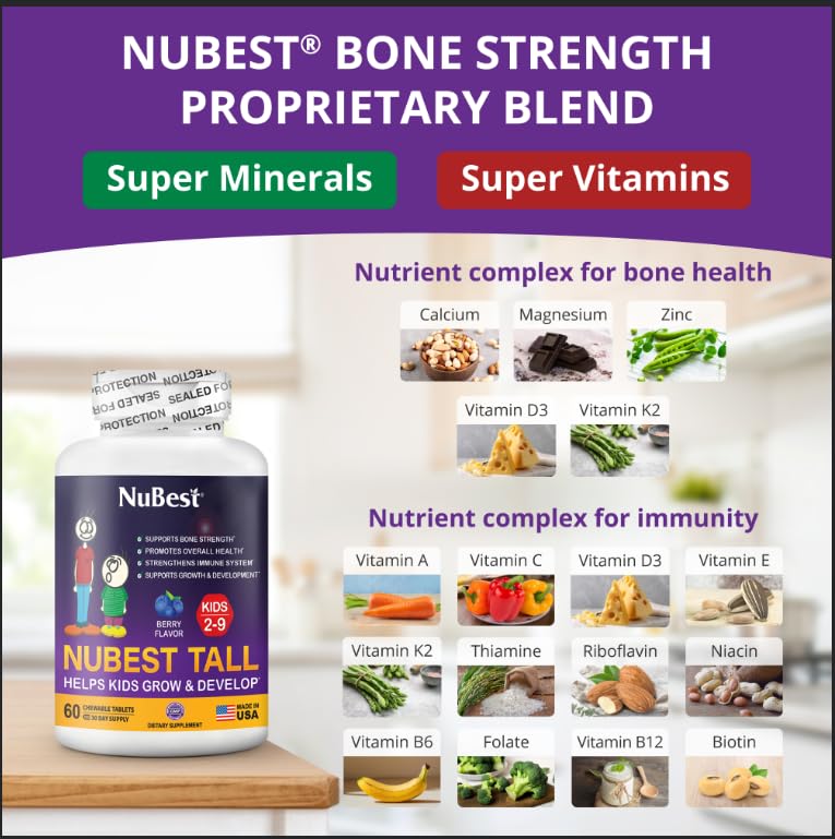 NuBest Tall Kids - Multivitamins & Minerals for Age 2 to 9 - Bone Strength & Immunity Support - Helps Kids, Toddlers Healthy - Animal Shapes - 60 Chewable Berry Tablets | 1 Month Supply