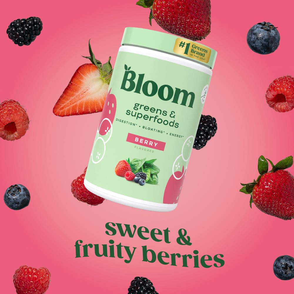 Pre-Order | Arrives in 5–10 Days – 
Bloom Nutrition Superfood Greens Powder, Digestive Enzymes with Probiotics and Prebiotics, Gut Health, Bloating Relief for Women, Chlorella, Green Juice Mix with Beet Root Powder, 25 SVG, Berry