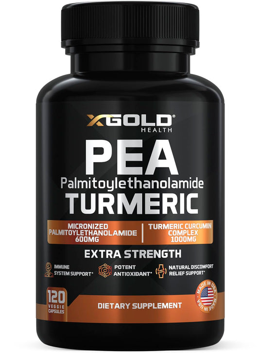 Palmitoylethanolamide 600mg + Turmeric Curcumin Complex 1000mg: Micronized Pea 99% Highly Purified and Bioavailable - Made in USA - Supplement for Men and Women - 120 Veggie Capsules