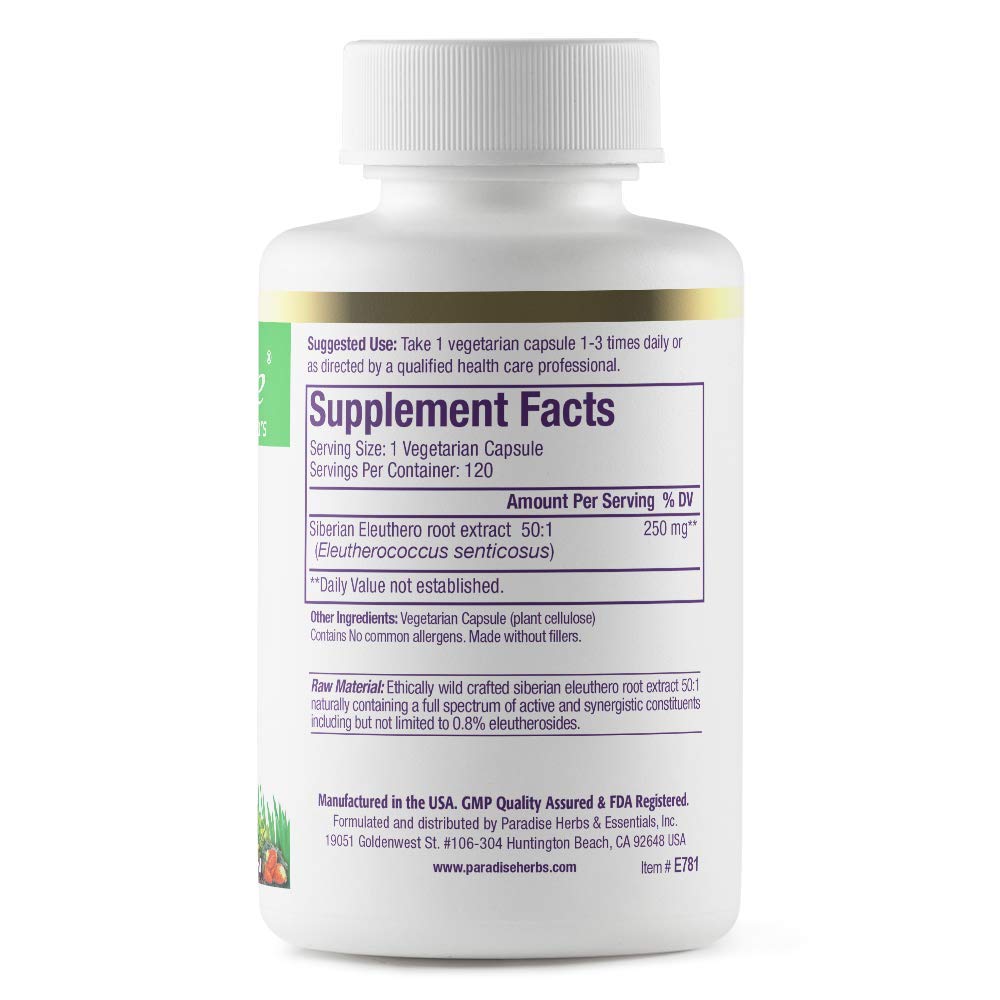 Paradise Herbs Eleuthero Root Extract, Adaptogen Supplement, Super Potent, Ultra Pure, Vegan, Non GMO, 120 Vegetarian Capsules