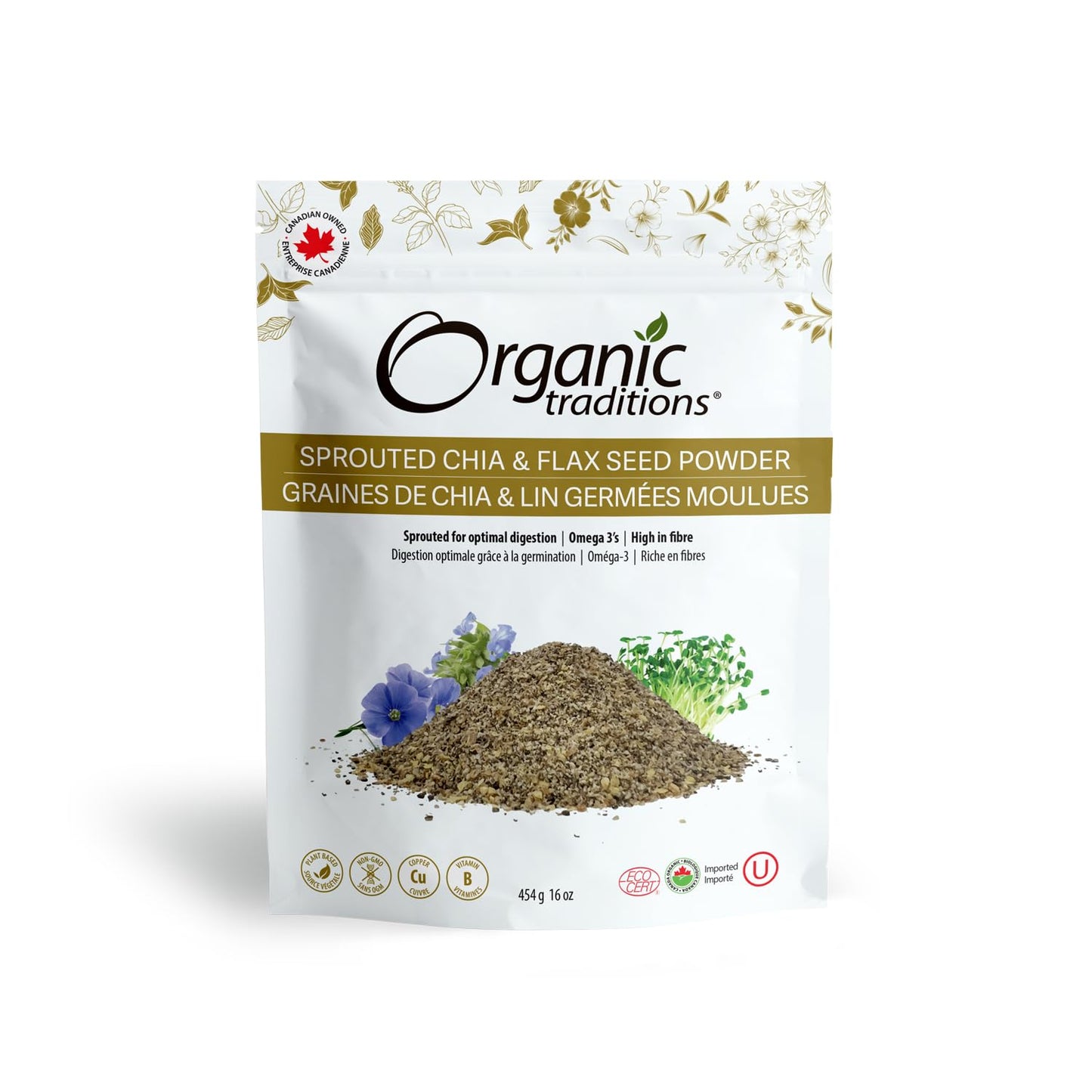 Organic Traditions Sprouted Chia and Flax Seed Powder Organic Chia and Organic Flax for Plant Based Non-GMO Superfood 454g/16oz Bag