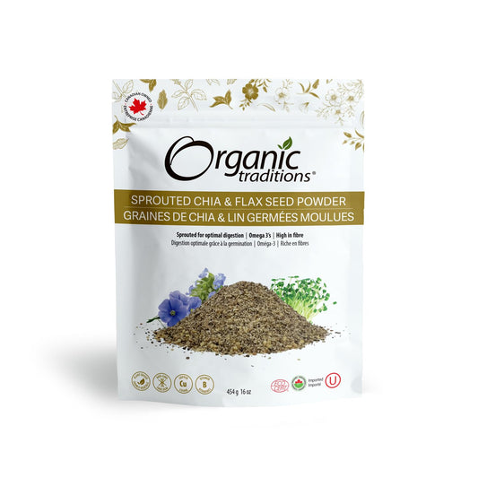 Organic Traditions Sprouted Chia and Flax Seed Powder Organic Chia and Organic Flax for Plant Based Non-GMO Superfood 454g/16oz Bag