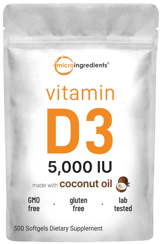 Micro Ingredients Vitamin D3 5,000 IU | 500 Softgels with Virgin Coconut Oil for Better Absorption | Vitamin D as Cholecalciferol | Supports Calcium Absorption, Bone, Immune, & Heart Health