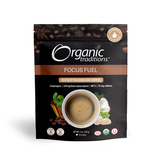 Organic Traditions Focus Fuel Mushroom Coffee – Organic Instant Mushroom Coffee with Lion’s Mane, Adaptogens, MCTs & Coconut Milk Powder – Supports Focus, Memory & Creativity (10 Servings) 140g/5oz