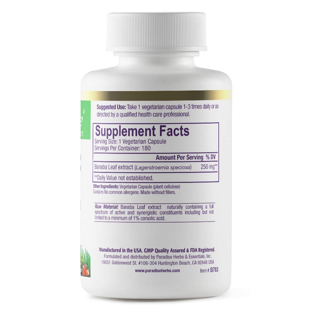 Paradise Herbs, Banaba Leaf, 12:1 Concentrated Extract, 250 mg, Vegan, Gluten-Free, Non-GMO, 180 Capsules