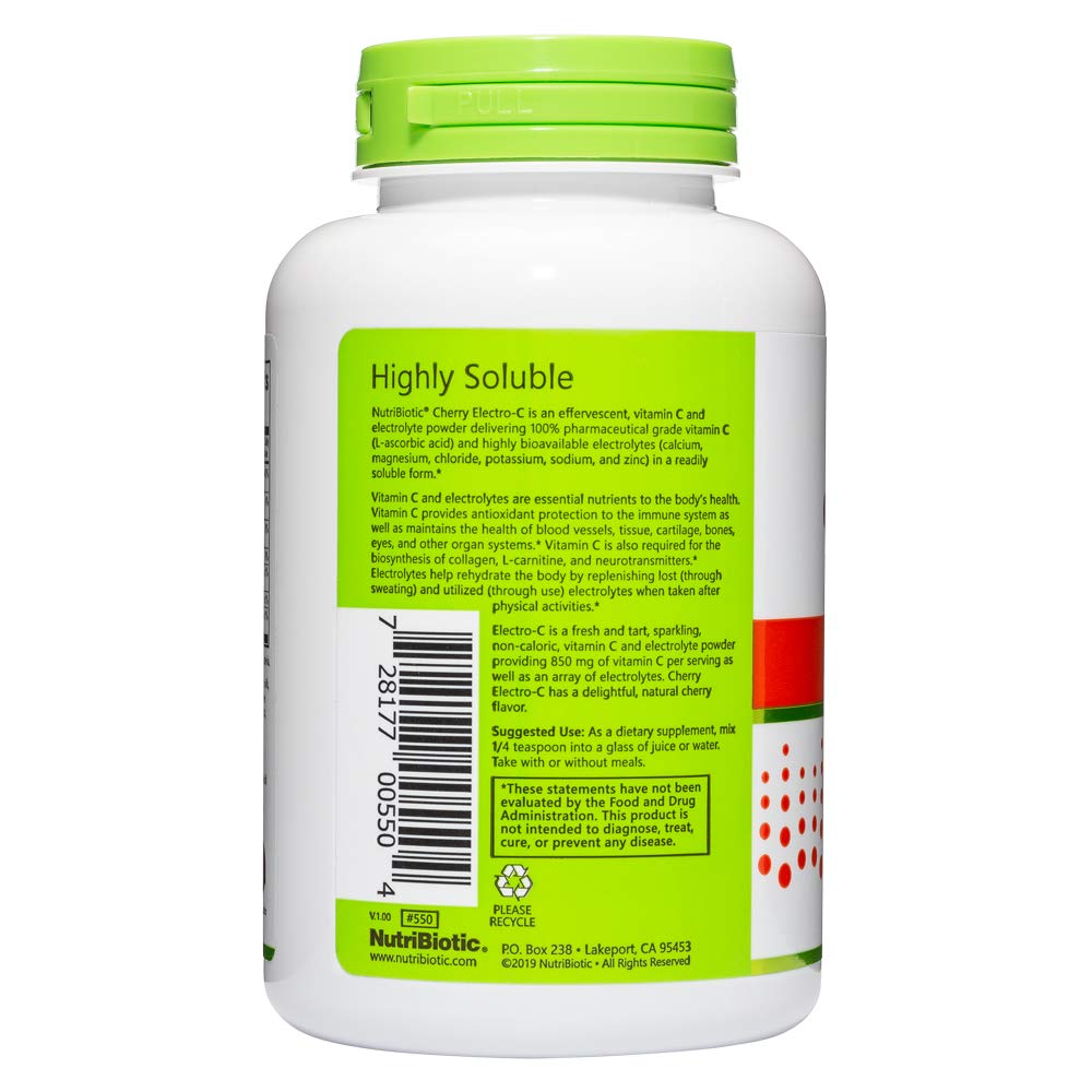 NutriBiotic - Cherry Electro-C Vitamin C & Electrolyte Powder, 8 Oz | 850 Mg Vitamin C Per Serving | Effervescent Electrolyte Recharge | Buffered & Highly Soluble | Non-GMO & Gluten Free