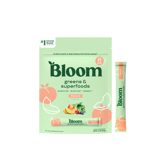 Pre-Order | Arrives in 5–10 Days – 
Bloom Nutrition Greens and Superfoods Powder Packets for Digestive Health, Greens Powder, Digestive Enzymes, Probiotics, Spirulina, Chlorella for Bloating & Gut Support, 15 Stick, Peach