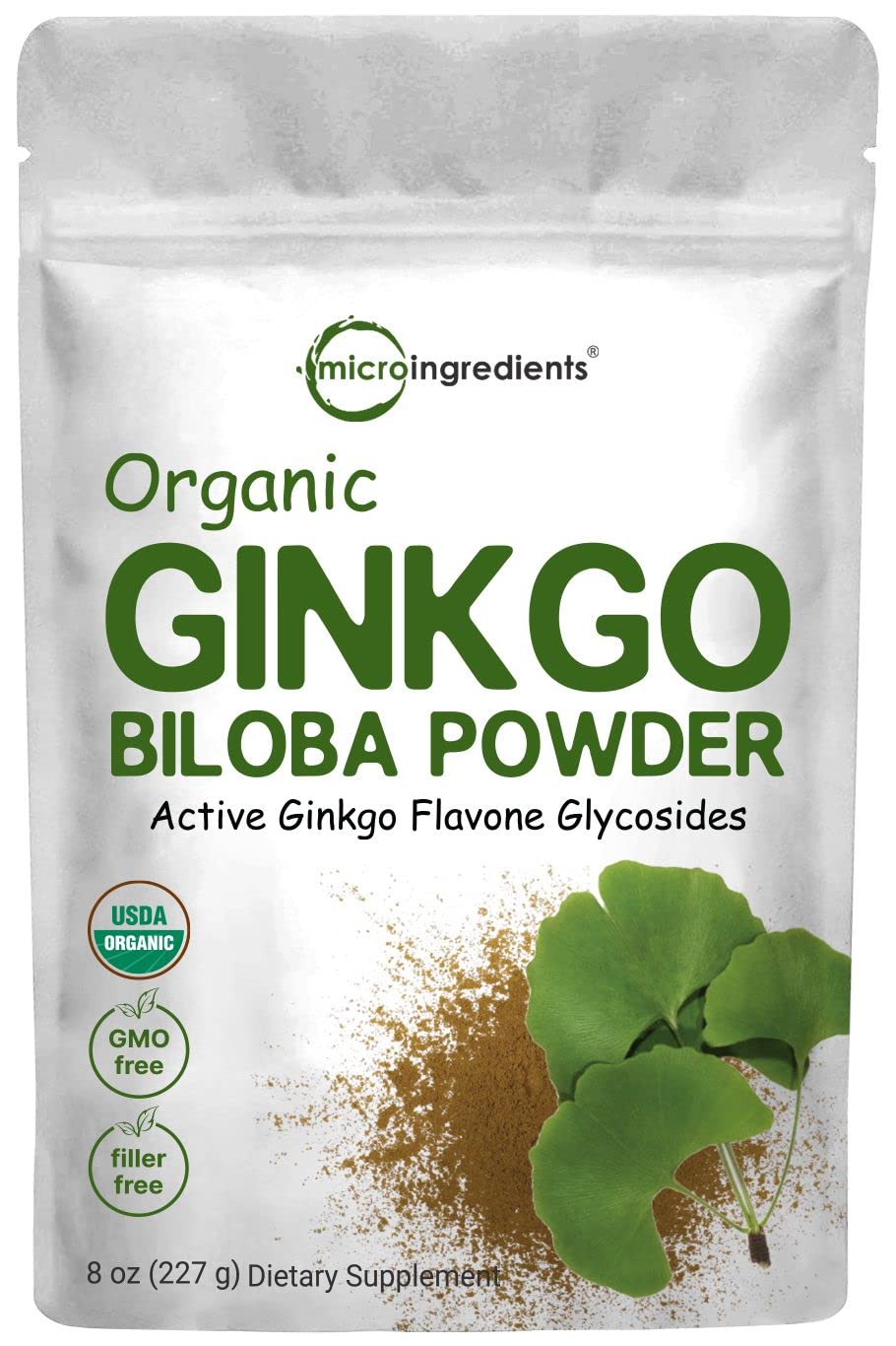 Micro Ingredients Raw Organic Ginkgo Biloba Powder, 8 Ounce (18 Months Supply), Filler Free, Supports Brain Function and Mental Alertness, No GMOs and Vegan Friendly