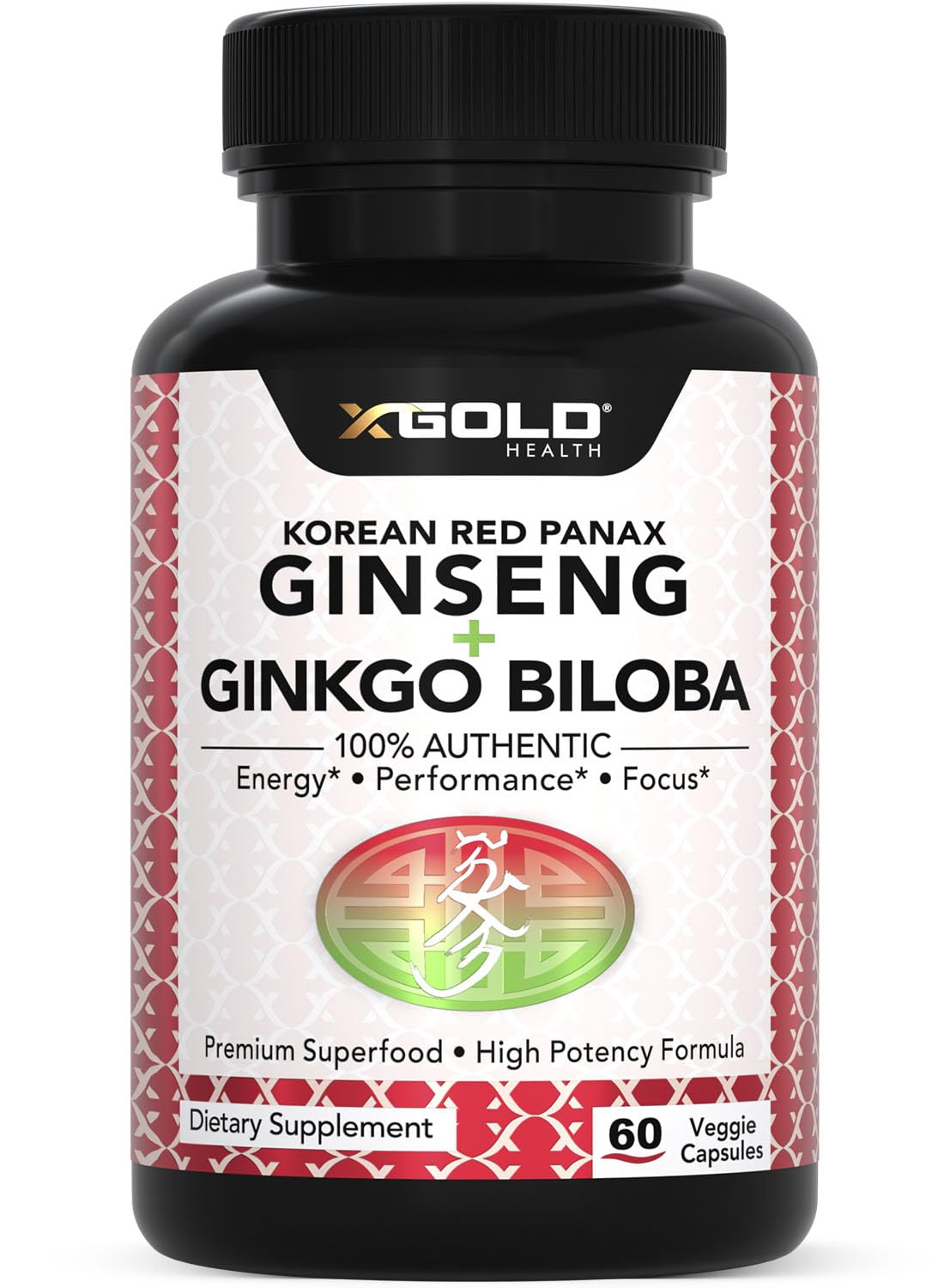 Korean Red Panax Ginseng 1200mg + Ginkgo Biloba - Extra Strength Root Extract Powder Supplement w/High Ginsenosides Vegan Capsules for Energy, Performance & Focus - Supplement for Men & Women