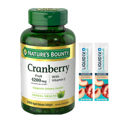 NATURES BOUNTY Cranberry Fruit 4200mg with Vitamin C, Herbal Supplement, Supports Urinary Health, 300 Rapid Release Softgels Plus 2 Sugar-Free White Peach Hydration Sticks