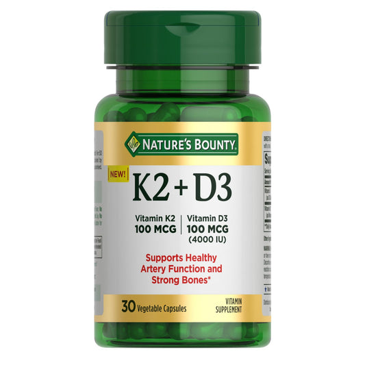 Nature's Bounty Vitamin D3 K2 Supplement, 4000 IU Vitamin D3 Plus 100 mcg of Vitamin K for Heart & Bone Health Support, 30 Day Supply, 30 Vegetarian Capsules, K2 + D3 Supplements for Adults