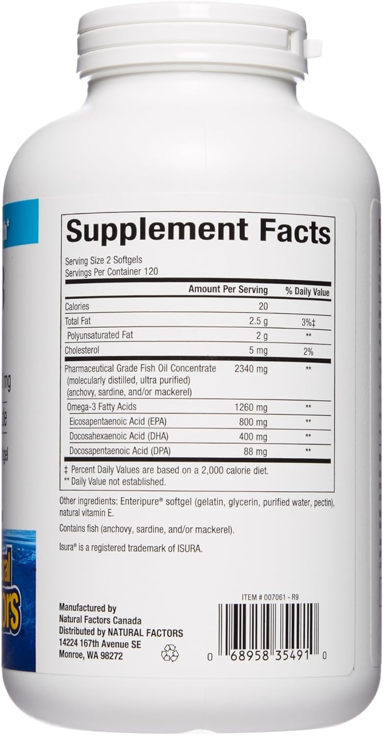 Natural Factors, RxOmega-3 Fish Oil, Pharmaceutical Grade, 1260 mg Omega-3 Per Serving, No Fishy Aftertaste, 240 Count (Pack of 1)
