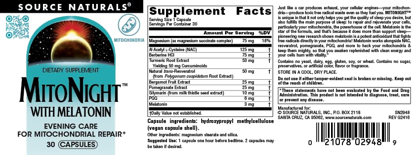 Pre-Order | Arrives in 5–10 Days – Source Naturals MitoNight™ with Melatonin, Evening Care for Mitochondrial Repair* - 30 Capsules