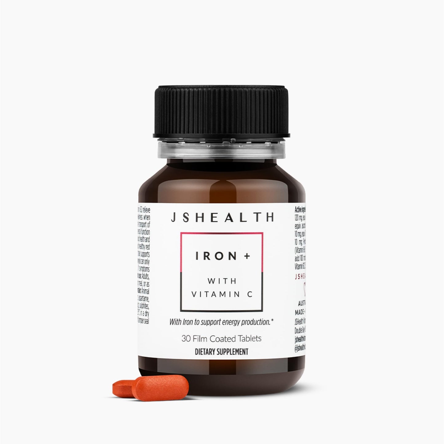 JSHealth Vitamins Iron+ Supplement for Energy Support - Iron Deficiency Pills with Vitamin C and Vitamin B12 - No Nausea - (30 Tablets)