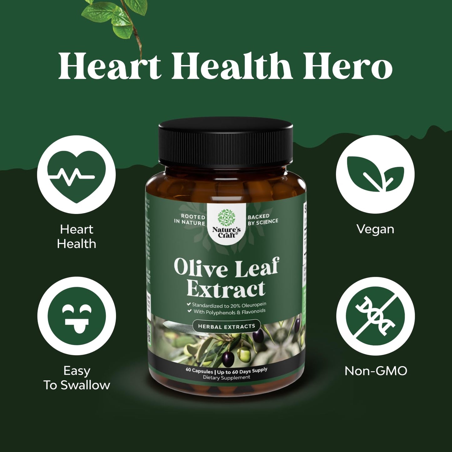 Potent Olive Leaf Extract Capsules - High Strength Antioxidant Supplement with Pure Olive Leaf with 20% Oleuropein - Herbal Heart Health Supplement - Vegan Non-GMO & Gluten Free (2 Month Supply)