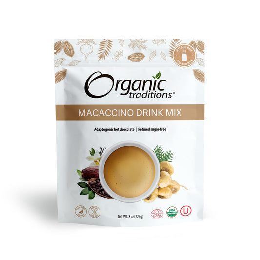 Organic Traditions Superfood Macaccino Drink Mix with Maca Root & Cacao Powder Blend Superfood Caffeine Free Dairy Free Drink Mix Hot or Iced Healthy Hot Chocolate, 8oz (227g) Bag, 28 servings per bag